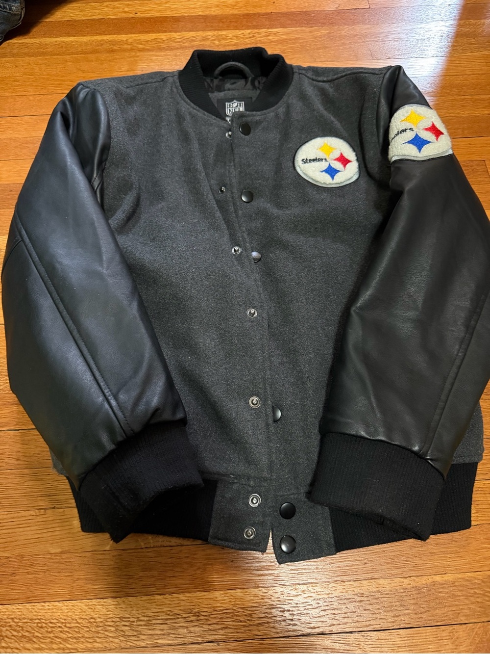 Kids Black Varsity-Style Jacket with Team Patch size 14-16